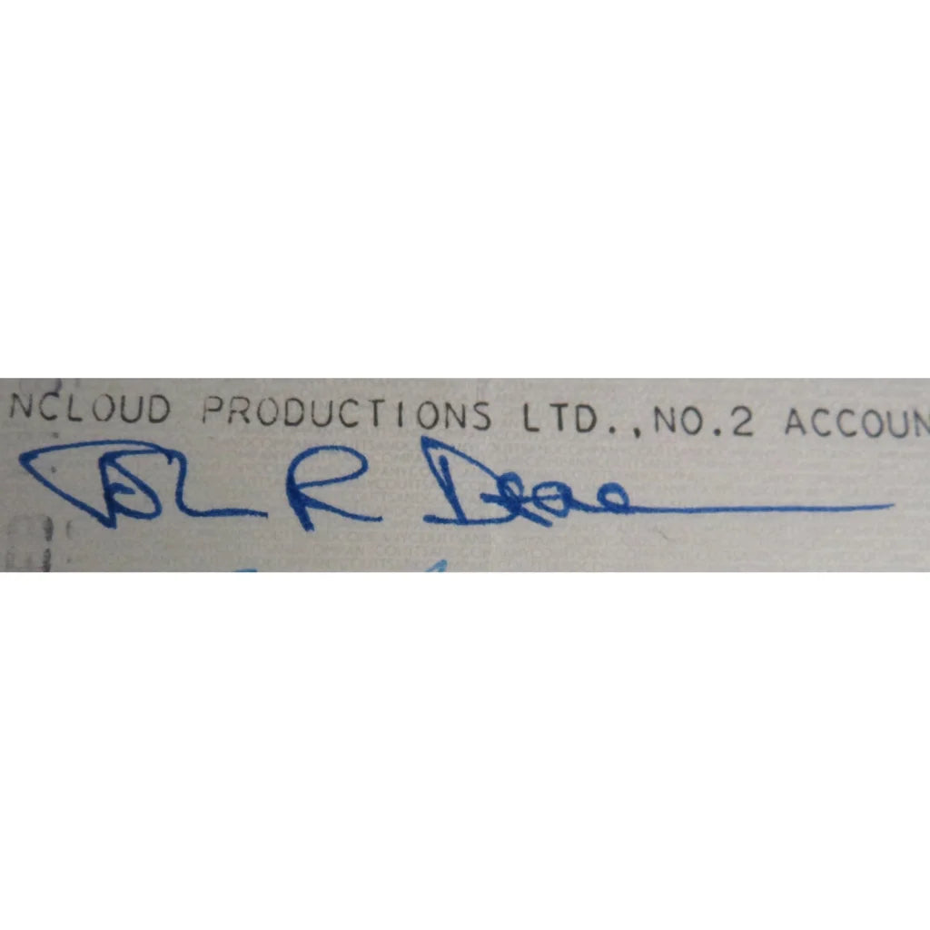 Queen band autographed checks music display with blue ink signature on white label