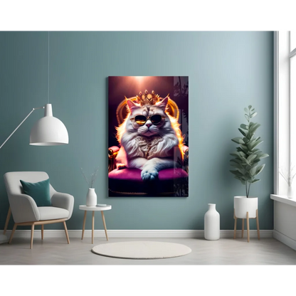 Royal Cat in Crown Glass Wall Art with Purple Throne | Contemporary Home Wall Art | vintageantiquesgifts.com