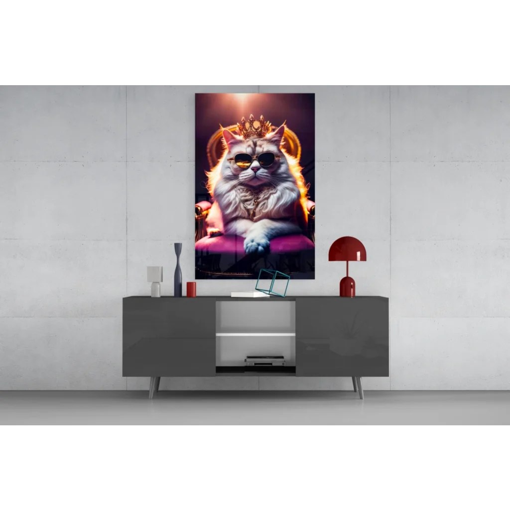 Regal white cat in golden crown and sunglasses on purple throne glass wall art