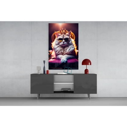Regal white cat in golden crown and sunglasses on purple throne glass wall art
