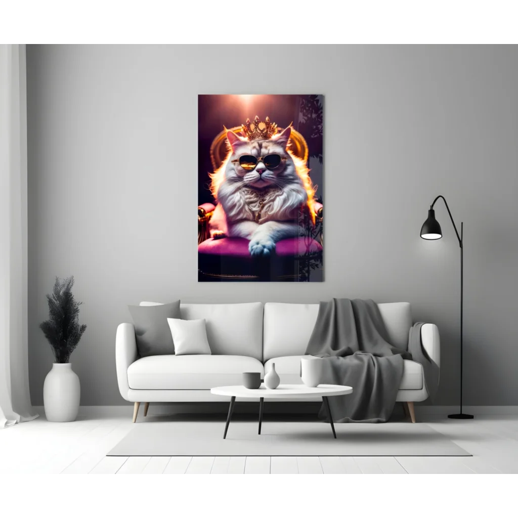 Royal Cat in Crown Glass Wall Art with Purple Throne | Modern Wall Art Decor | vintageantiquesgifts.com
