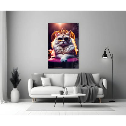 Royal Cat in Crown Glass Wall Art with Purple Throne | Modern Wall Art Decor | vintageantiquesgifts.com