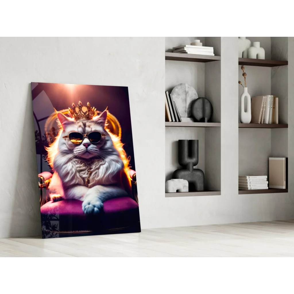 Regal white cat in crown on purple throne glass wall art