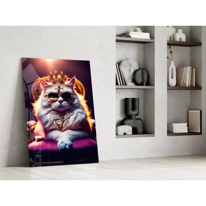 Regal white cat in crown on purple throne glass wall art