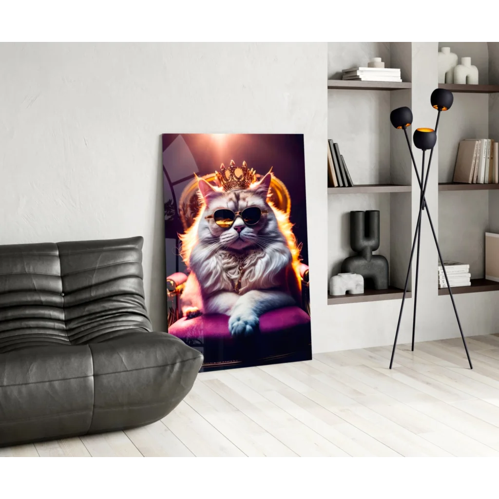 Regal fluffy white cat in golden crown and sunglasses on purple throne glass wall art