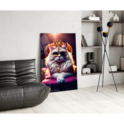 Regal fluffy white cat in golden crown and sunglasses on purple throne glass wall art