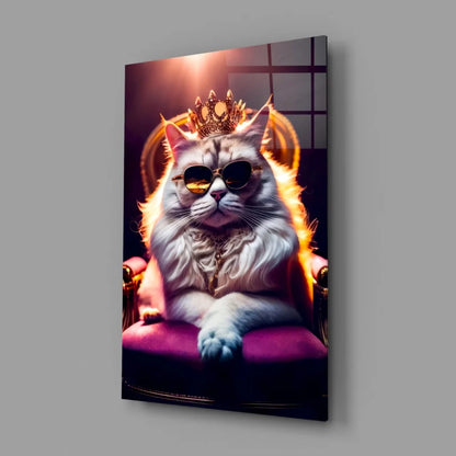 Royal Cat in Crown Glass Wall Art with Purple Throne | Glass Wall Art Print | vintageantiquesgifts.com