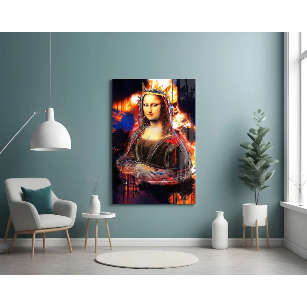 Fiery Mona Lisa wall art canvas print with crown and flames
