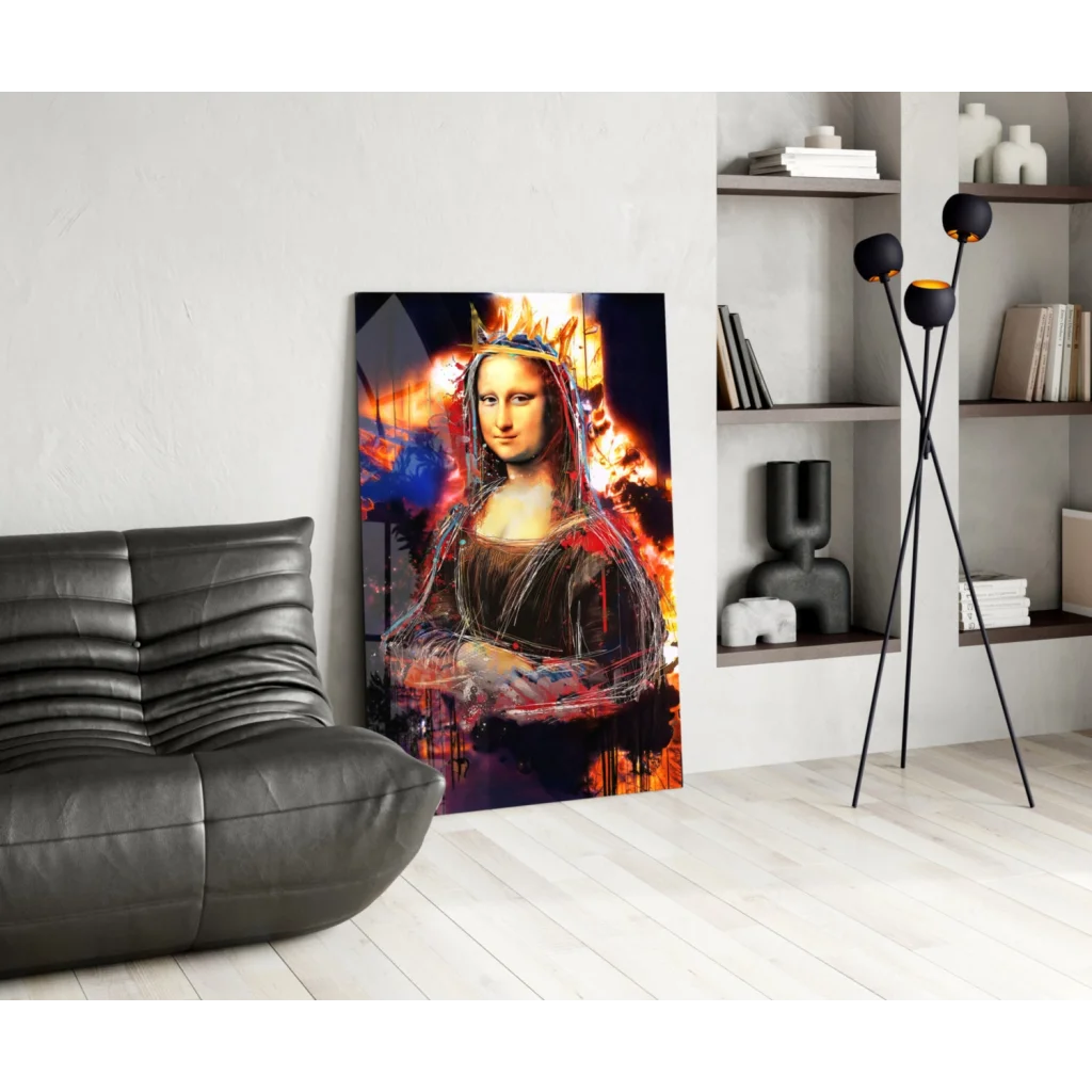 Fiery Mona Lisa canvas wall art print with graffiti flames