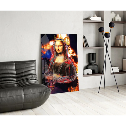 Fiery Mona Lisa canvas wall art print with graffiti flames
