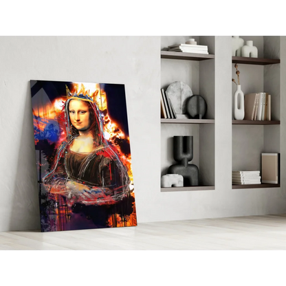 Fiery Mona Lisa wall art canvas print with flames and crown