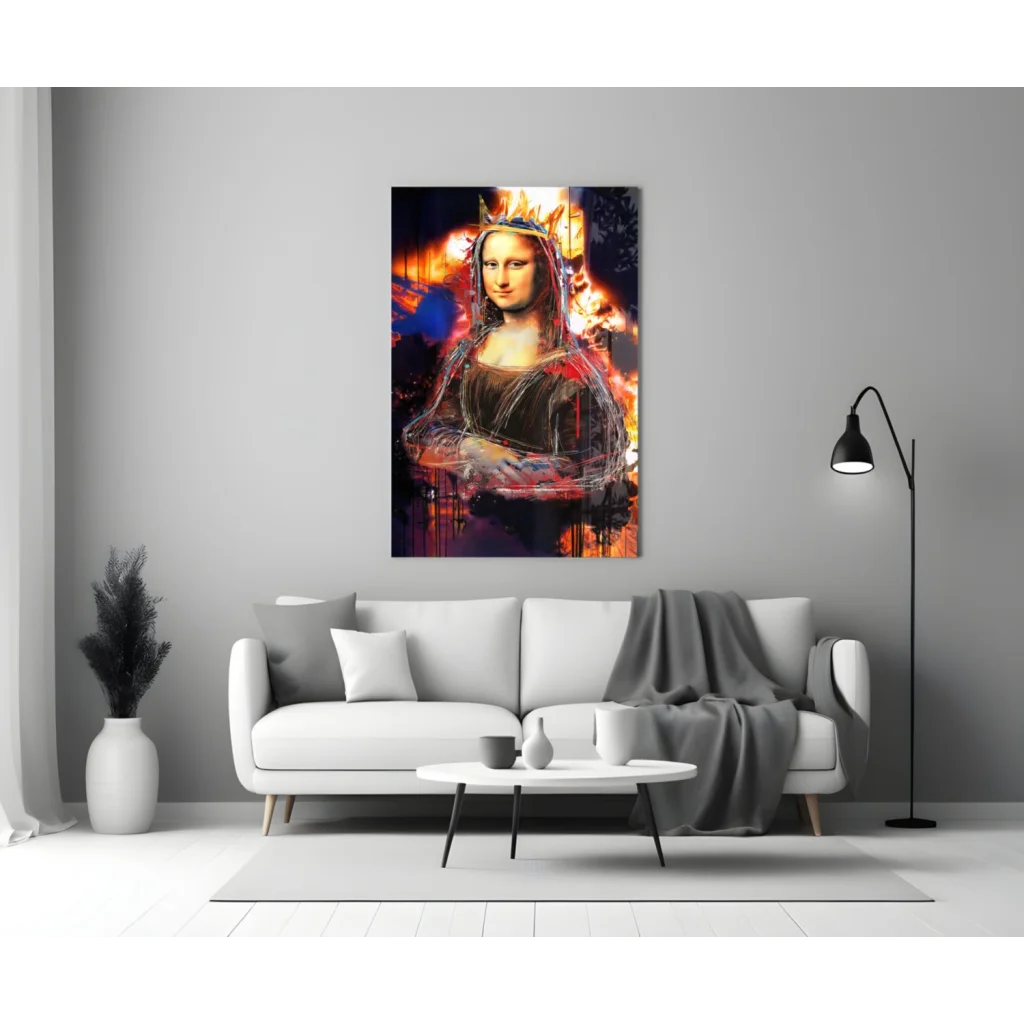Fiery Mona Lisa wall art canvas print with flames and crown
