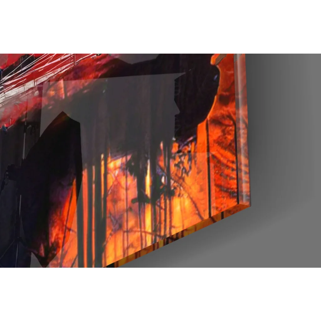 Fiery Mona Lisa canvas wall art with bold orange red black flames and crown