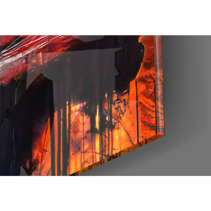 Fiery Mona Lisa canvas wall art with bold orange red black flames and crown