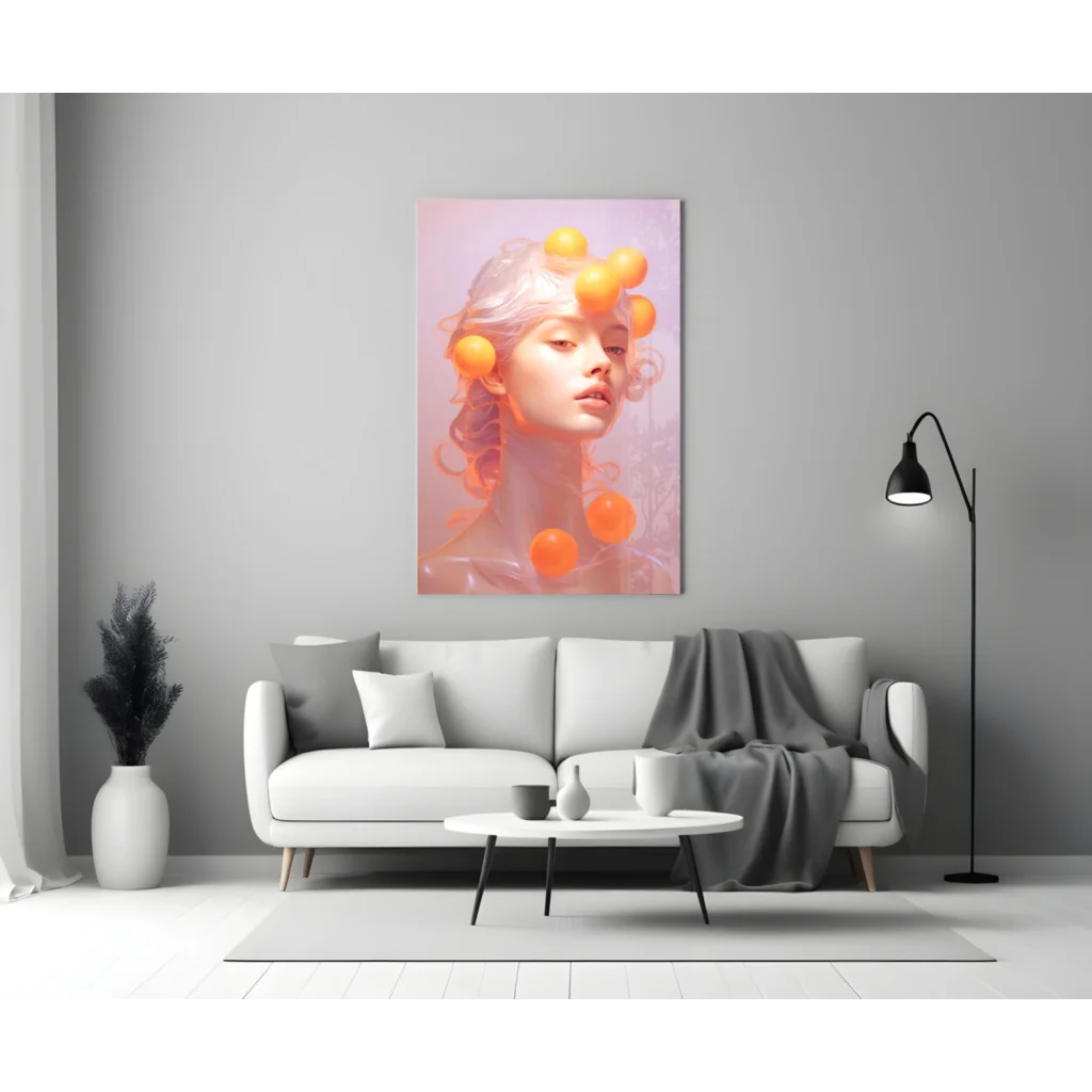 Glowing orbs pink gradient portrait canvas wall art above white sofa