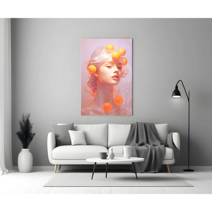 Glowing orbs pink gradient portrait canvas wall art above white sofa