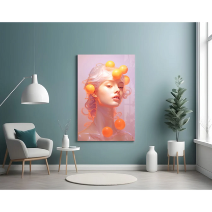 Vibrant pink gradient canvas wall art of woman with flowing hair and glowing orange orbs