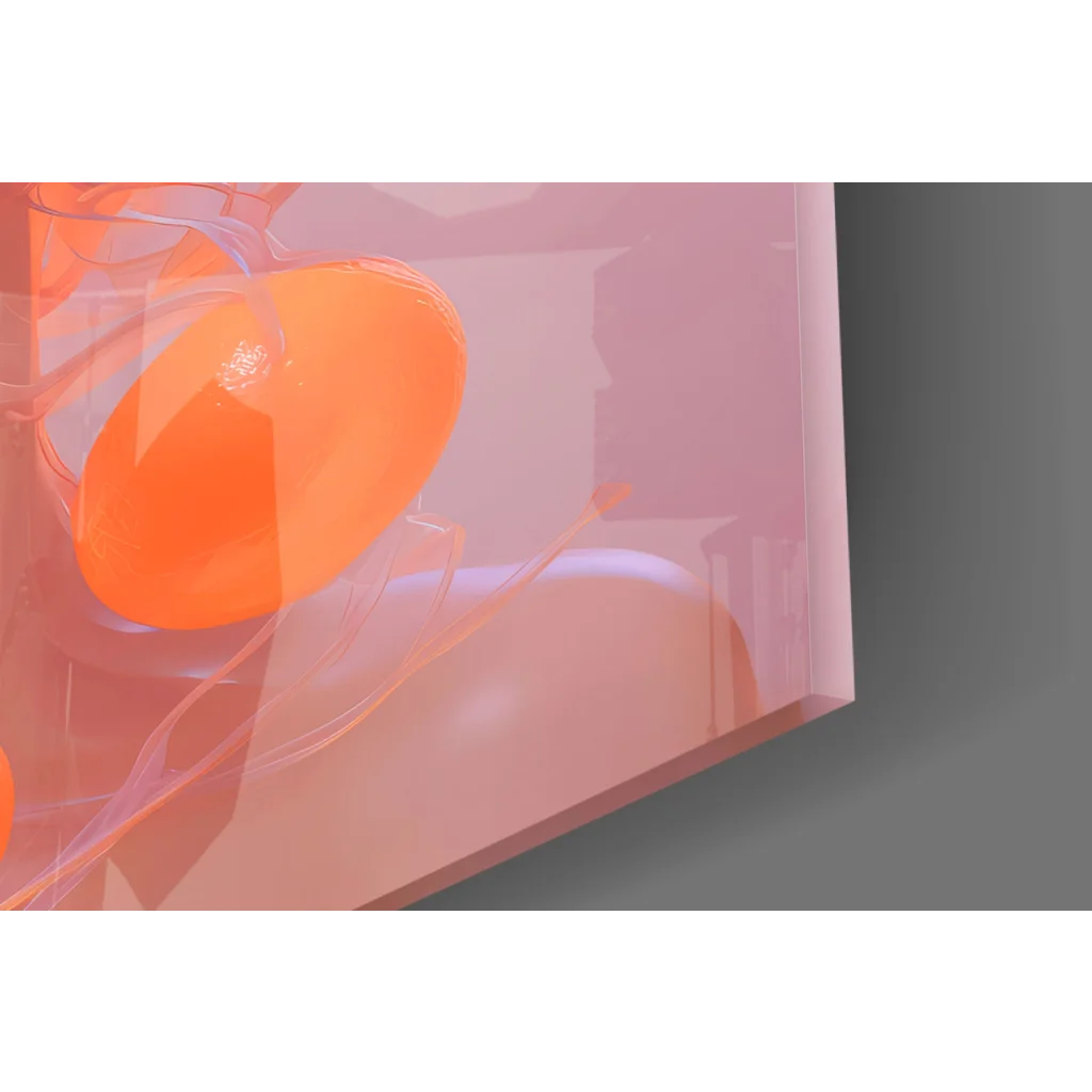 Vibrant orange glossy sphere in translucent pink acrylic glass wall art