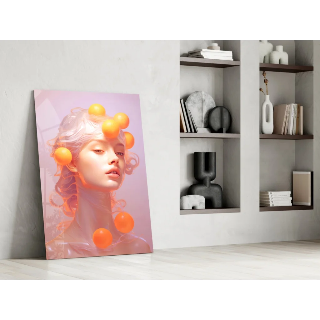 Vibrant pink gradient wall art canvas of woman with glowing orange orbs in hair