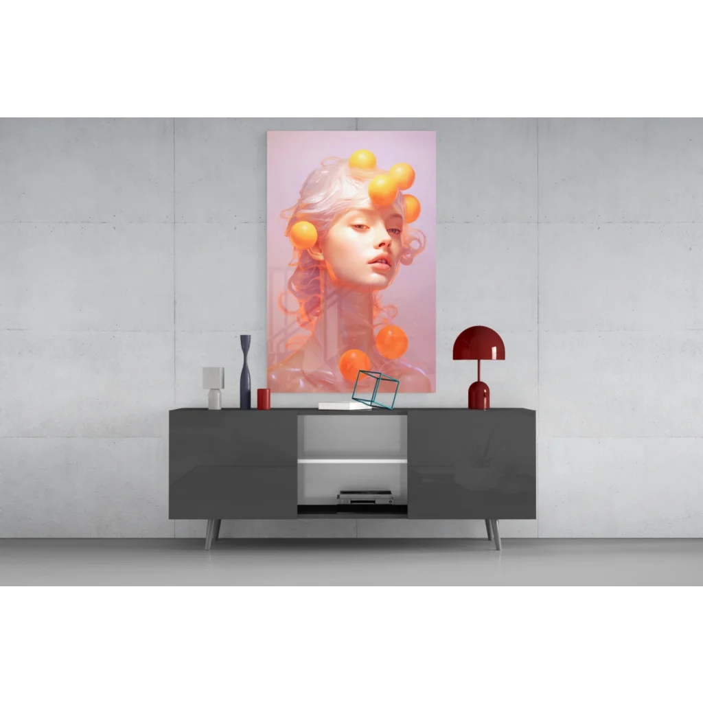 Vibrant pink gradient wall art canvas print of womans face with orange orbs