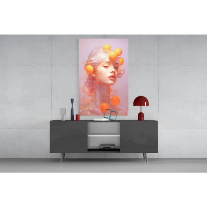 Vibrant pink gradient wall art canvas print of womans face with orange orbs