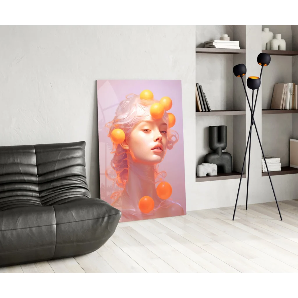Vibrant pink gradient wall art canvas print of woman with glowing orange orbs