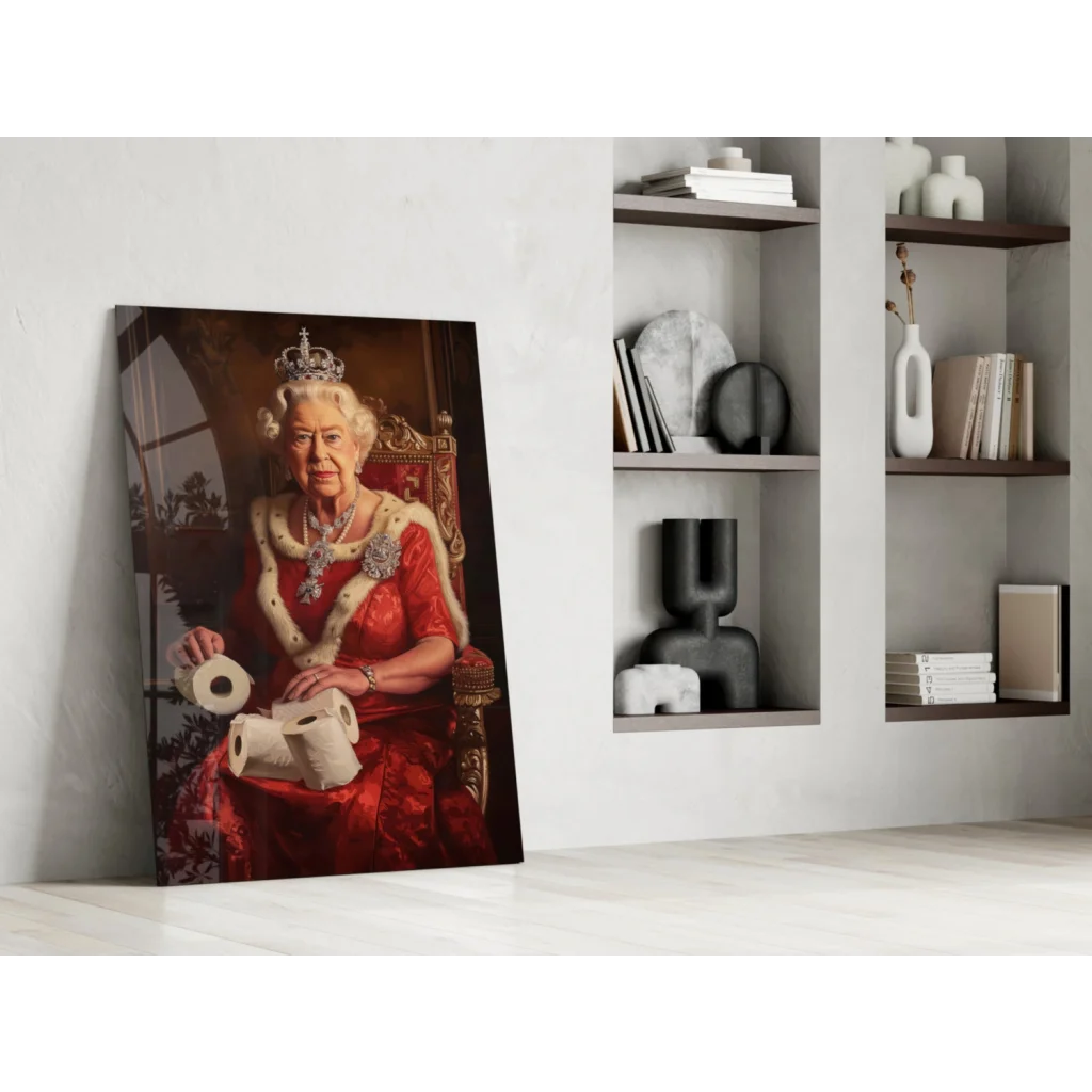 Queen Elizabeth II in red gown with toilet paper on glass wall art canvas