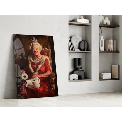 Queen Elizabeth II in red gown with toilet paper on glass wall art canvas