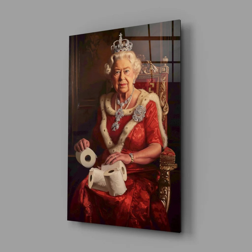 Queen Elizabeth II Toilet Paper Throne Glass Wall Art Canvas | Glass Wall Art Print | vintageantiquesgifts.com