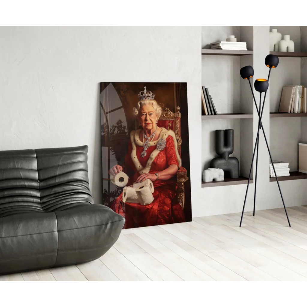 Queen Elizabeth II in red gown and crown holding toilet paper on glass wall art