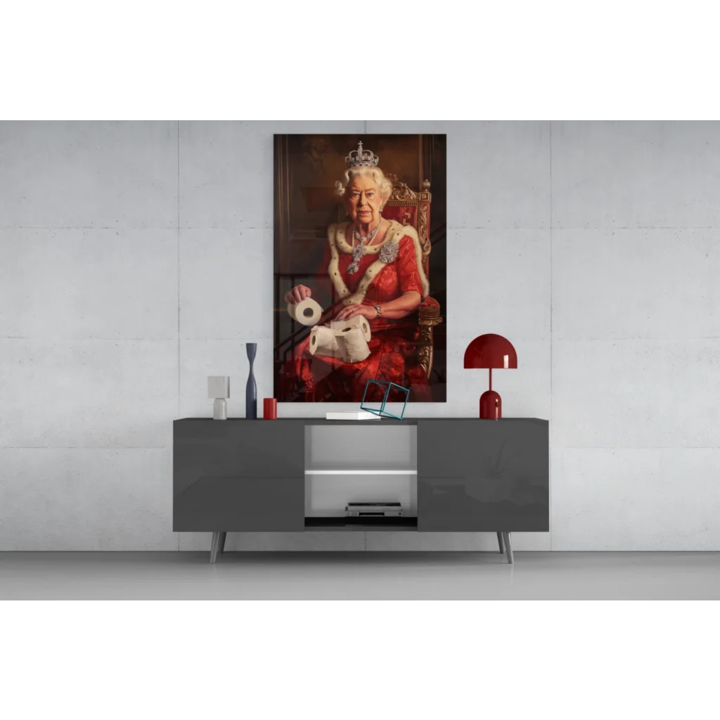 Queen Elizabeth II in red gown on toilet paper throne glass wall art