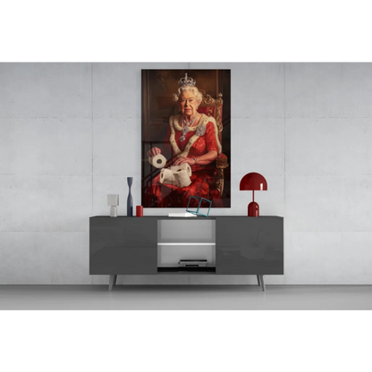 Queen Elizabeth II in red gown on toilet paper throne glass wall art