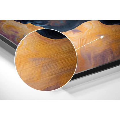 Swirling amber purple blue abstract on brushed aluminium dibond