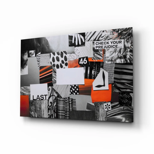 Question Your Prejudice glass wall art with bold black-and-white collage