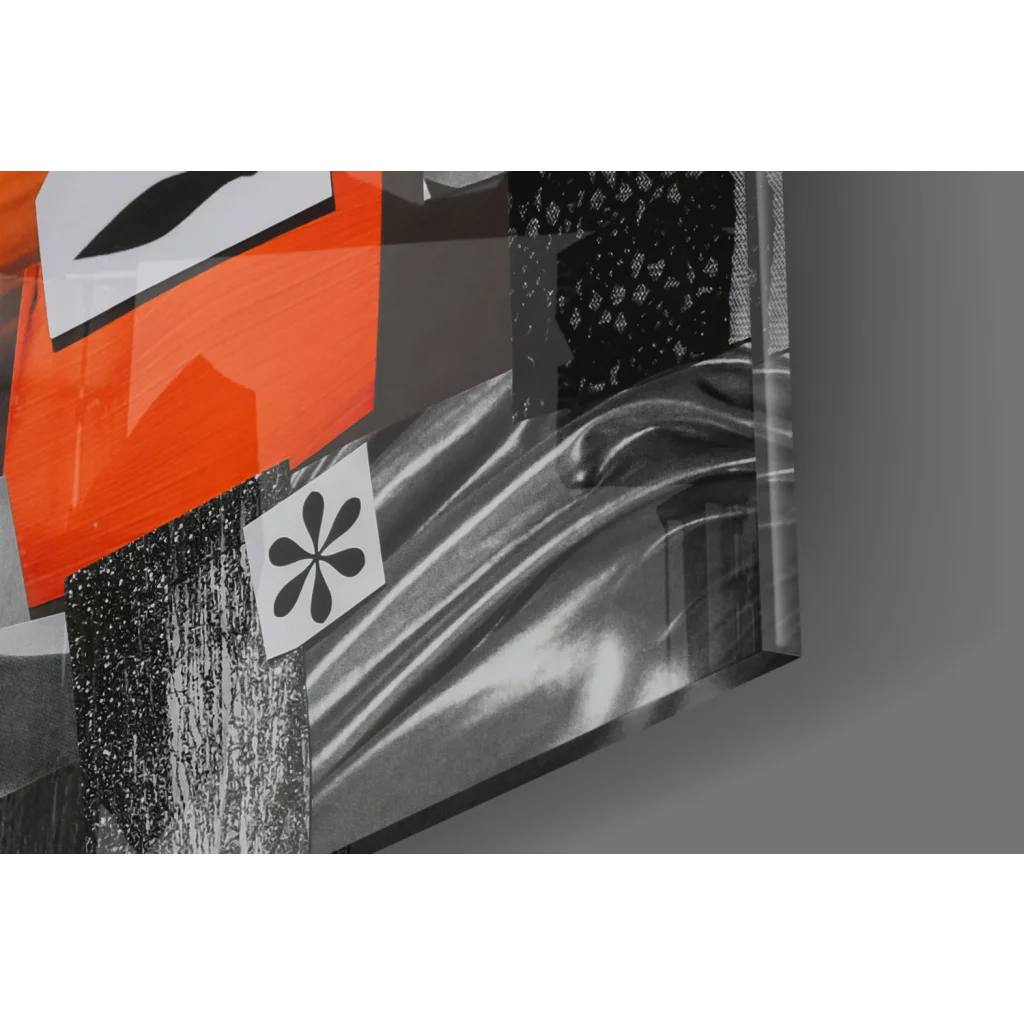 Question Your Prejudice glass wall art: orange silver black collage with starburst sticker