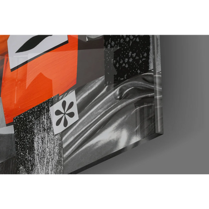 Question Your Prejudice glass wall art: orange silver black collage with starburst sticker