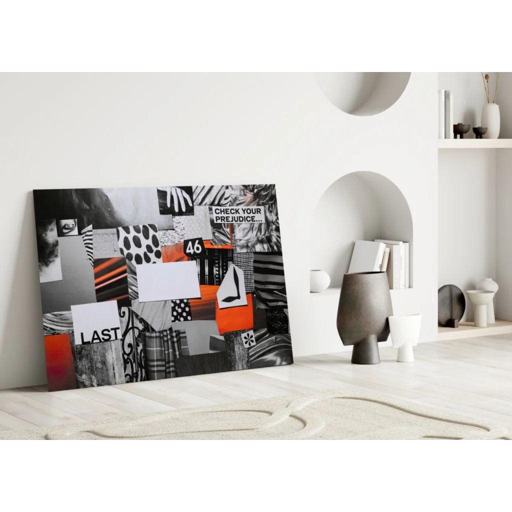 Question Your Prejudice glass wall art collage with orange accents