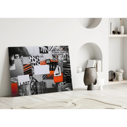 Question Your Prejudice glass wall art collage with orange accents