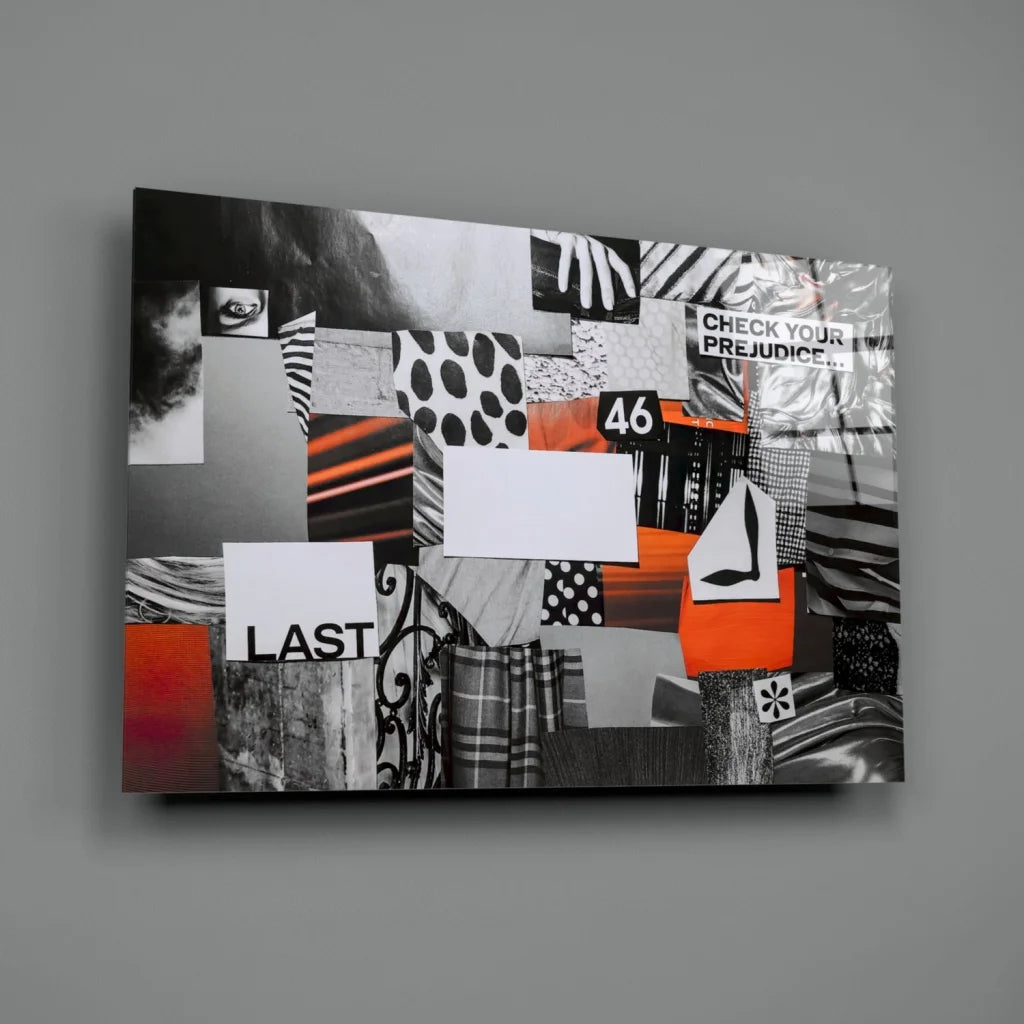 Question your prejudice glass wall art with abstract black white gray orange patterns
