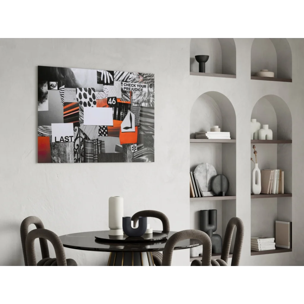Question Your Prejudice glass wall art with bold black white orange shapes