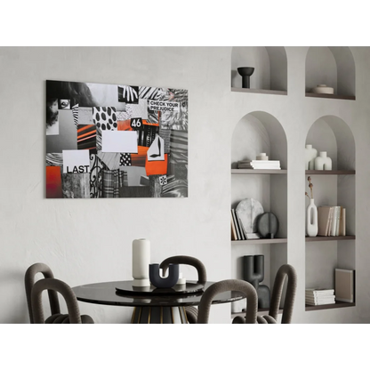 Question Your Prejudice glass wall art with bold black white orange shapes