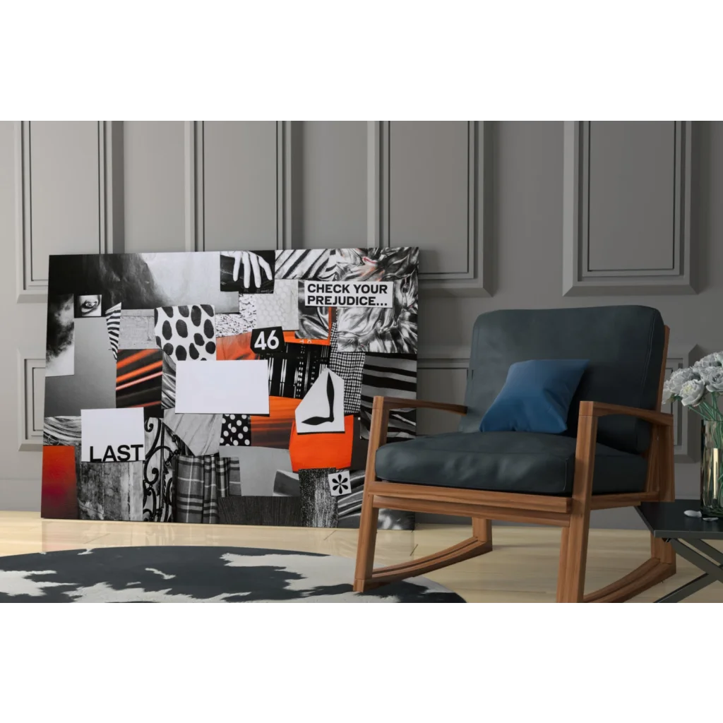 Question your prejudice glass wall art with bold black white orange geometric collage and text 46
