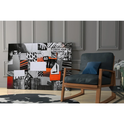 Question your prejudice glass wall art with bold black white orange geometric collage and text 46