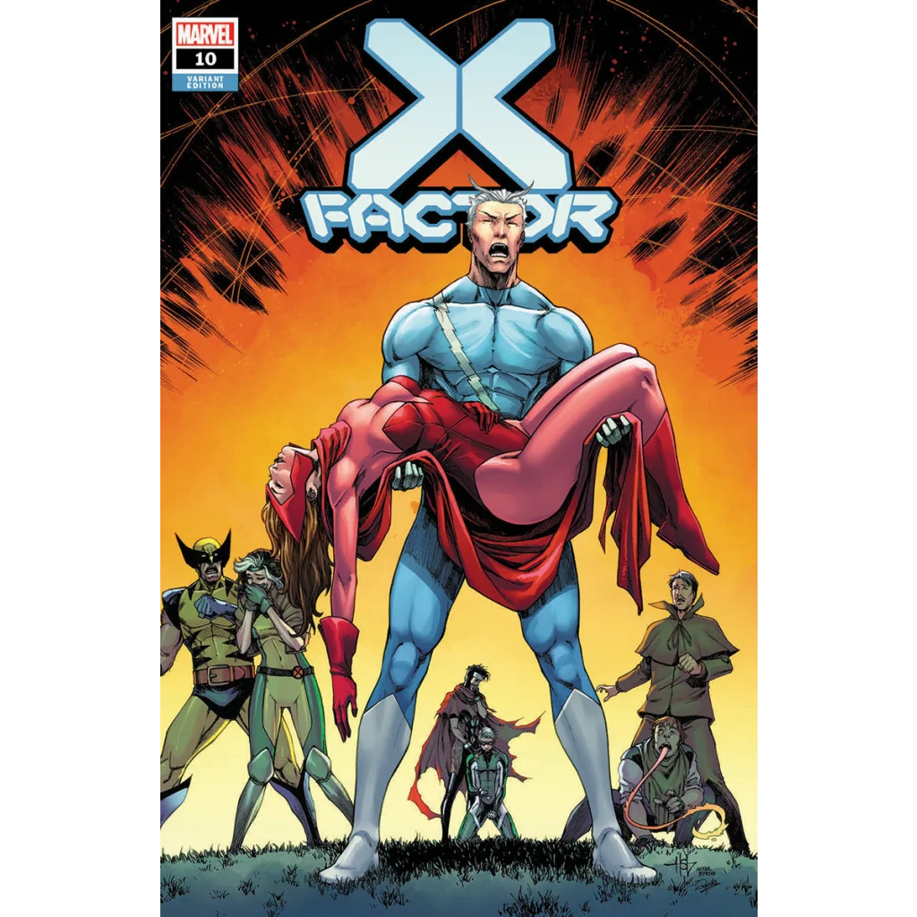 Comic book cover with Quicksilver rescuing Scarlet Witch at the X Factor Gala