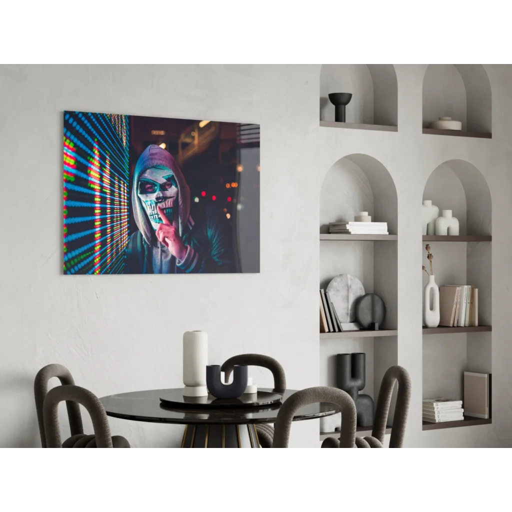 Neon Skull Trader glass wall art canvas print with hoodie figure and city lights