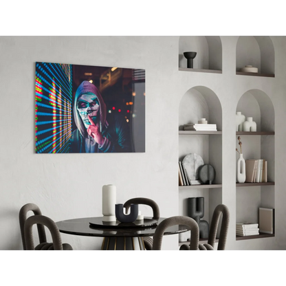 Neon Skull Trader glass wall art canvas print with hoodie figure and city lights