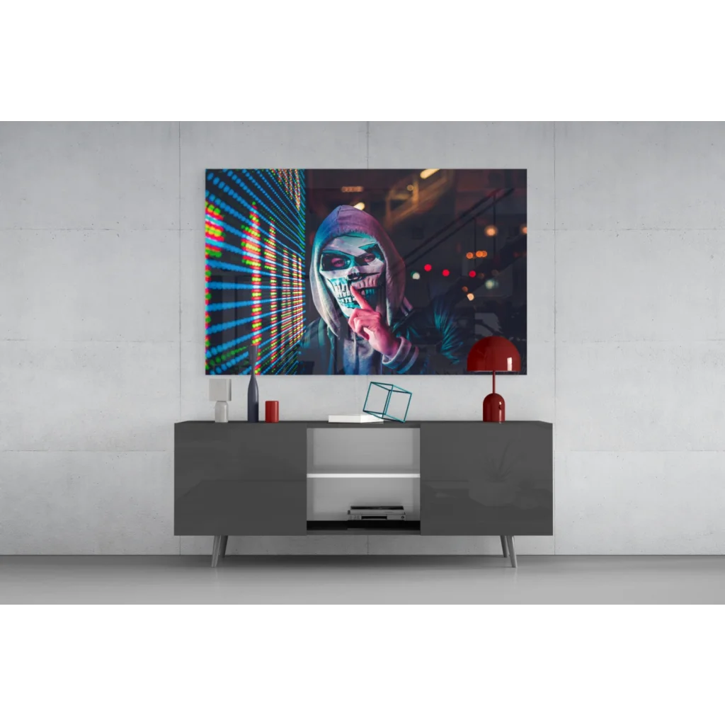 Vibrant Neon Skull Trader glass wall art on modern screen