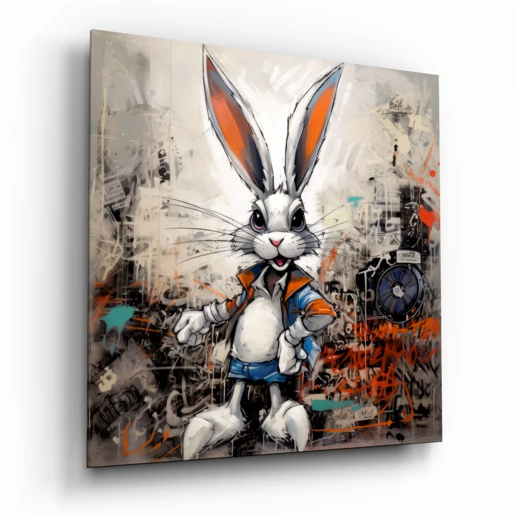 Urban Rabbit Tempered Glass Art with Bold Graffiti Style | Insigneart USA | vintageantiquesgifts.com