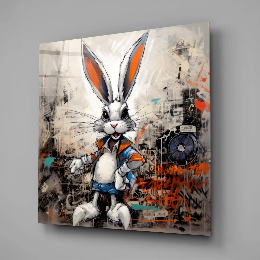 Urban Rabbit Tempered Glass Art with Bold Graffiti Style | Glass Wall Art Print | vintageantiquesgifts.com