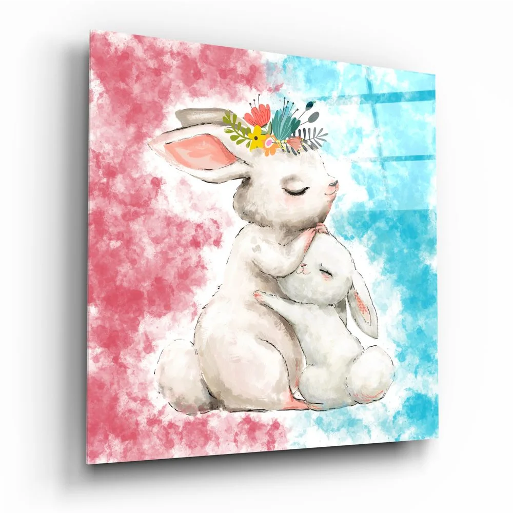 Watercolor bunnies with floral crown on glass wall art print
